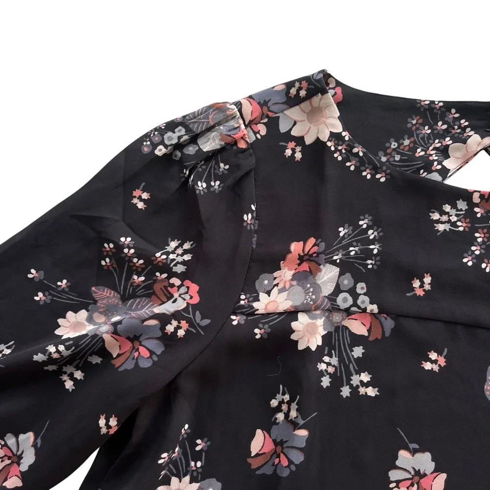 LOFT Women's S Black Pink Floral Bouquet Long Sleeve Cutout Casual Career Blouse